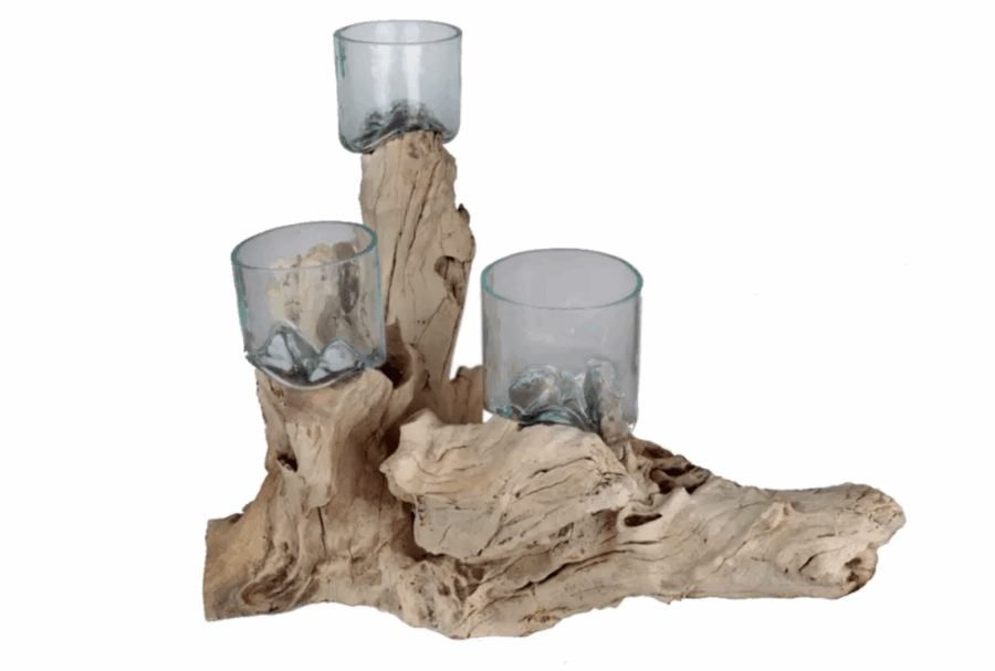Holzwurzel mit 3 zylindrischen Gläsern 2er Set