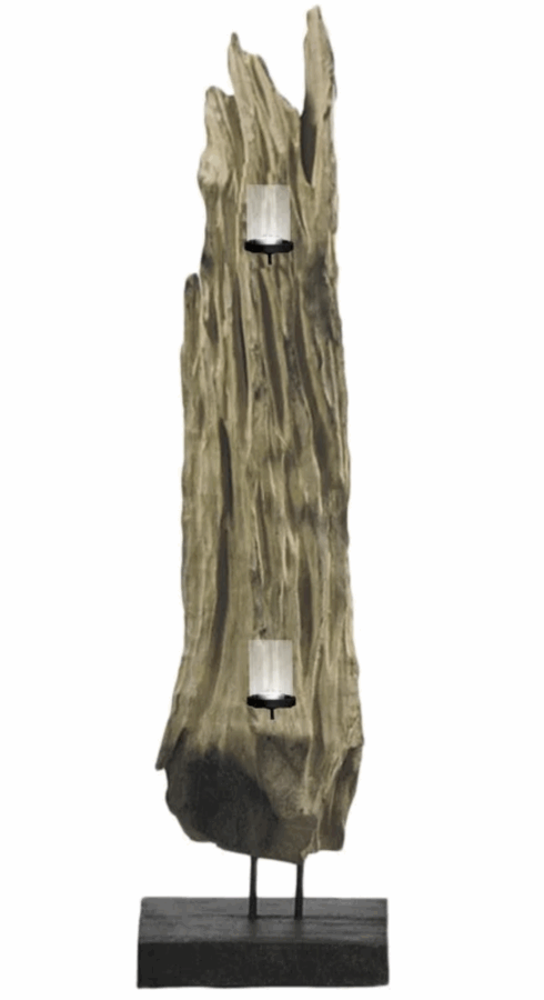 Teakholzobjekt M gebleicht mit Teelichthaltern 2er Set