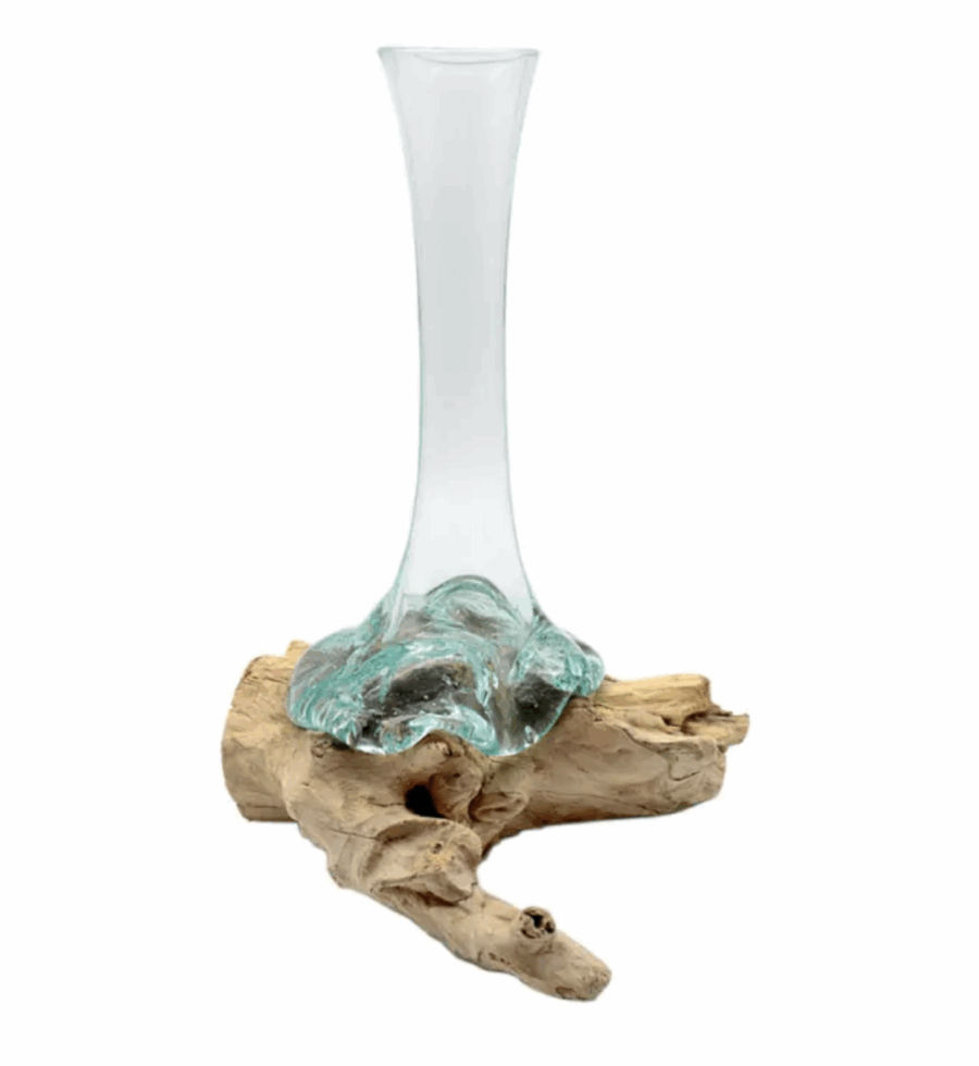 Wurzel Teakholz mit Glas-Vase, Höhe ca. 25 cm 3er Set